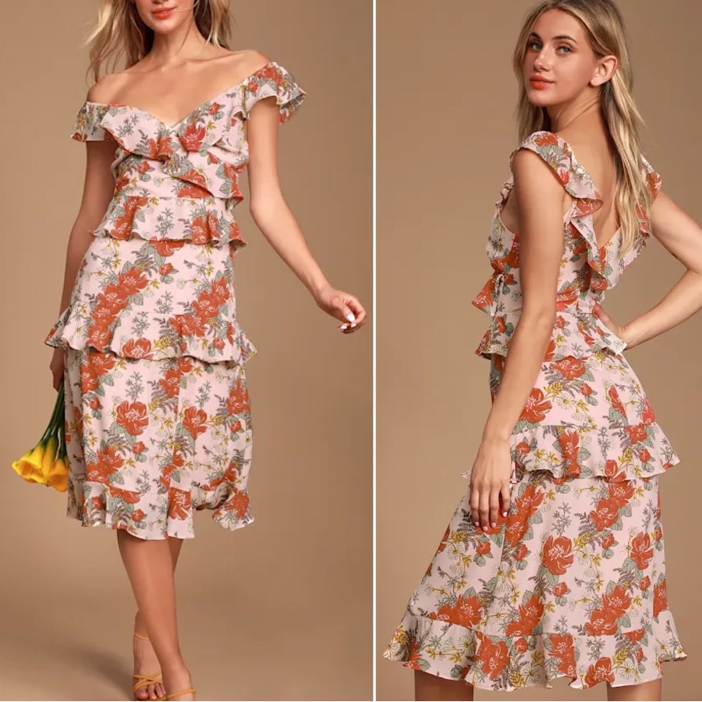 Lulu's Fleur-Evermore blush pink floral ruffle midi dress size medium